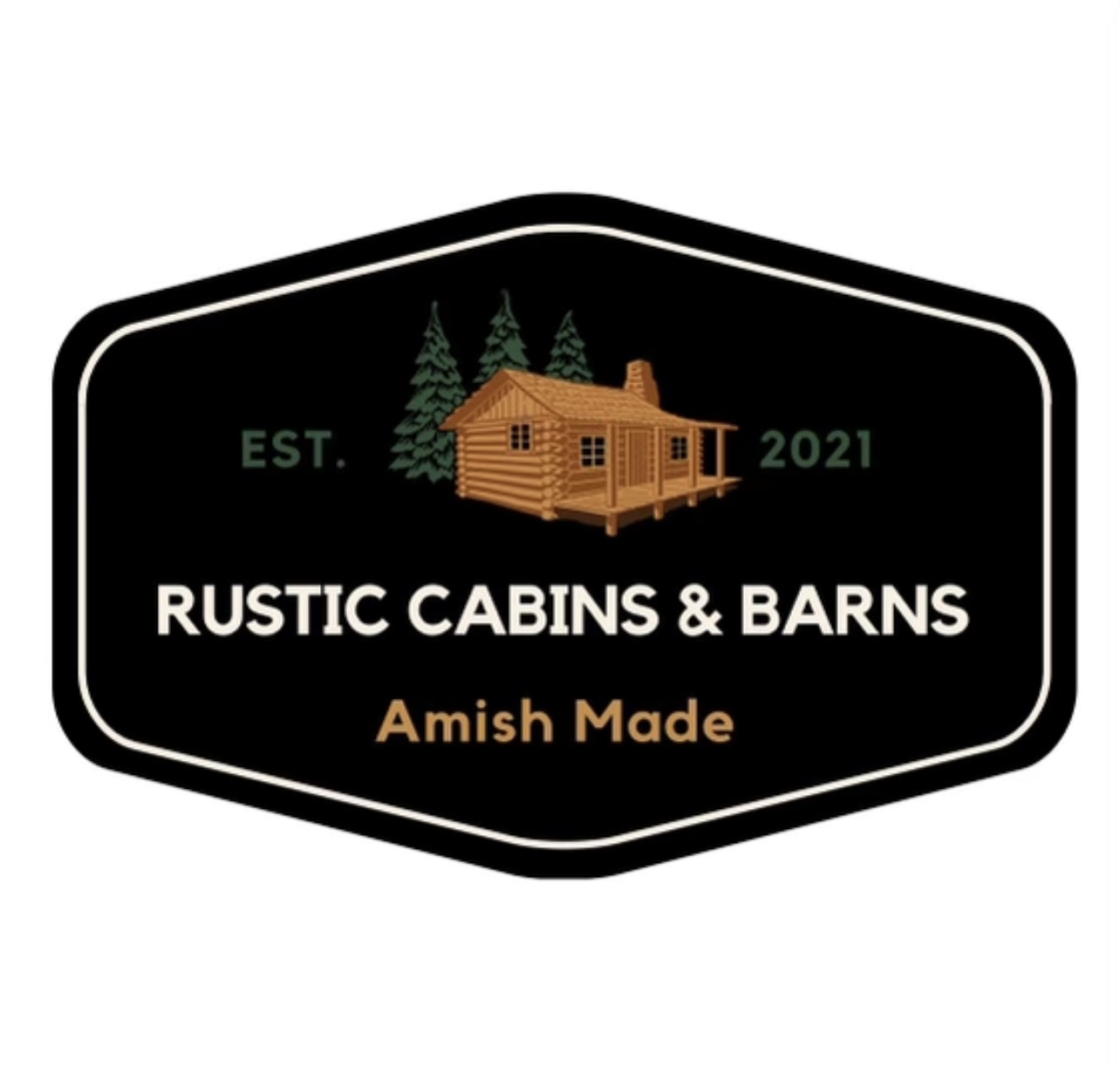 Company Logo with a Brown Cabin with Green Trees in the background.
